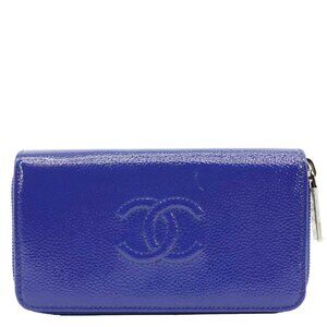Chanel  Timeless CC Logo Patent Caviar Leather Zipper Wallet Blue